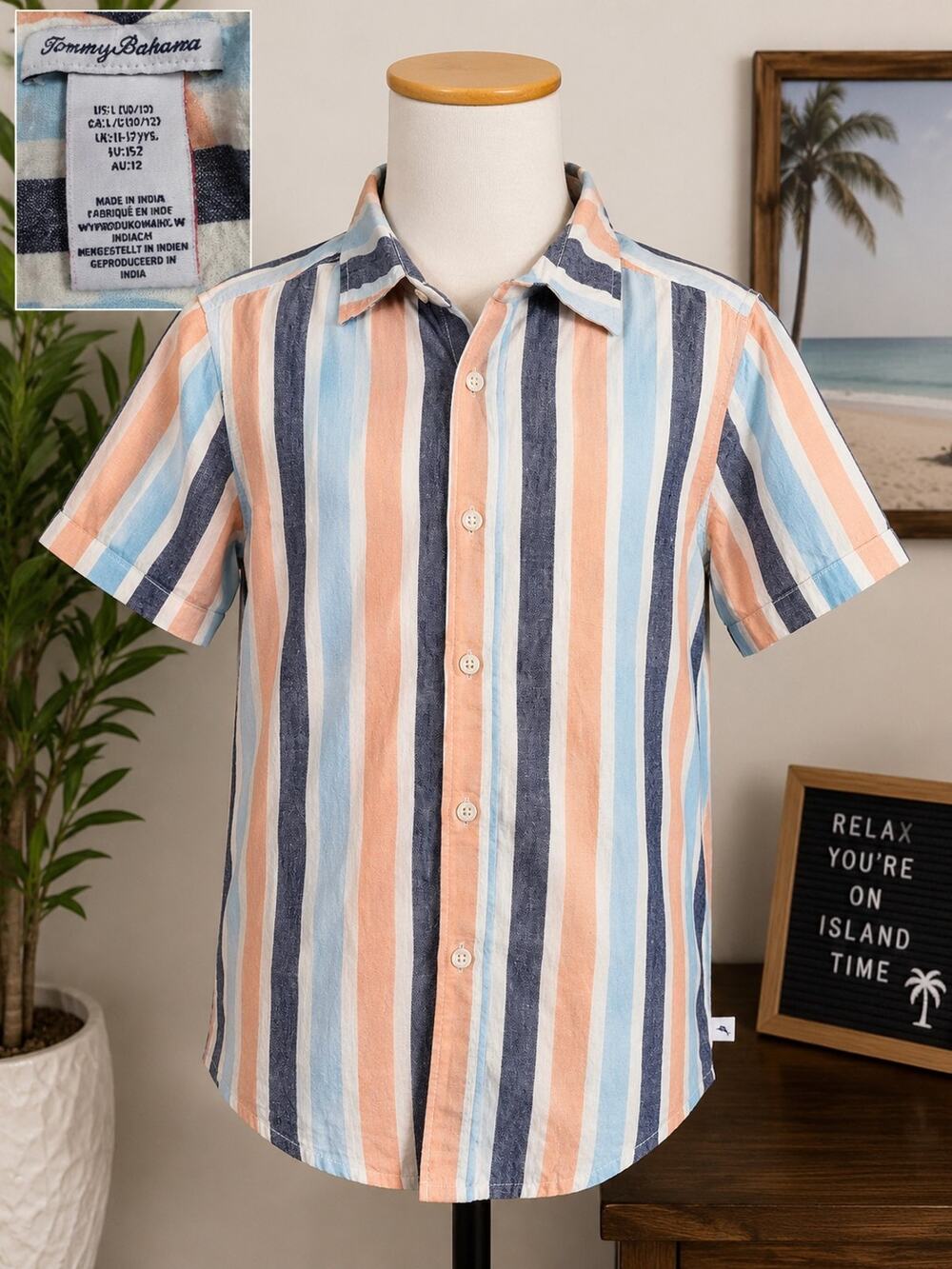 Tommy Bahama Boys Size L 10/12 Striped Short Sleeve Button Up Shirt Blue Orange